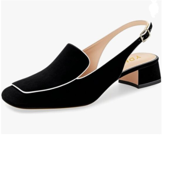 YDN Black Suede Square Toe Block Low Heels Slingback Formal Loafer Dressy Pump - Picture 1 of 8